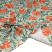 Tissu cotonnade NAOSHIMA fleurs pivoine oranges et motifs japonais vert amande - OEKO - TEX - TissusPapi.com