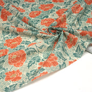 Tissu cotonnade NAOSHIMA fleurs pivoine oranges et motifs japonais vert amande - OEKO - TEX - TissusPapi.com