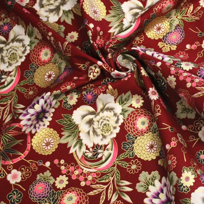 Tissu coton motif japonais aux fleurs dorées, fond bleu ou rouge - COLLECTION JAPON DORÉ - TissusPapi.com