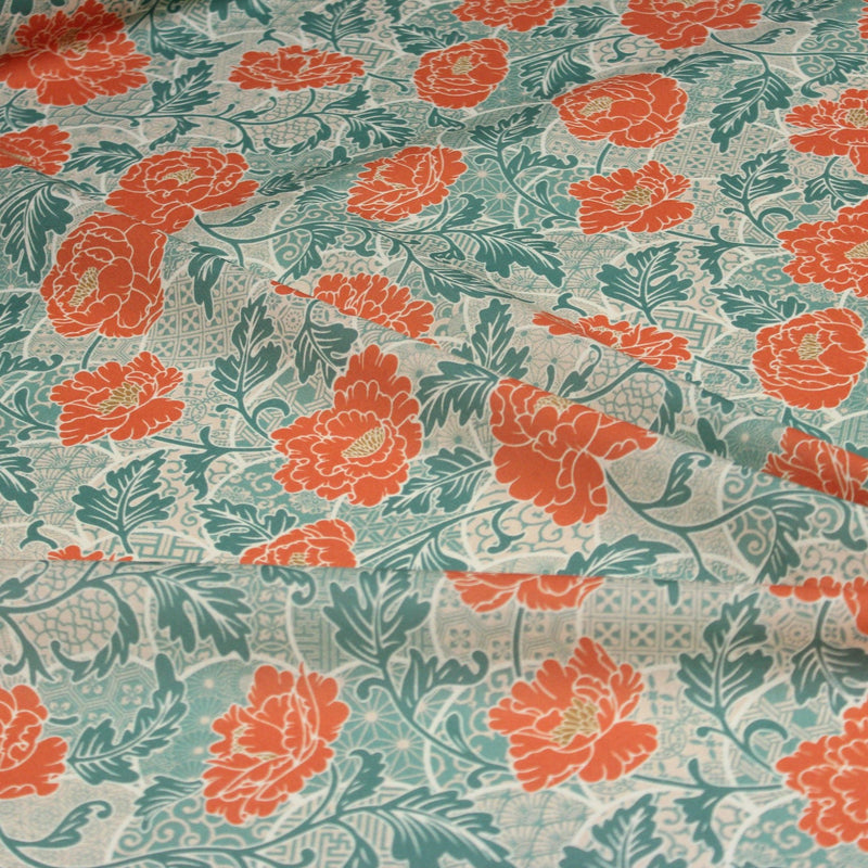 Tissu cotonnade NAOSHIMA fleurs pivoine oranges et motifs japonais vert amande - OEKO - TEX - TissusPapi.com
