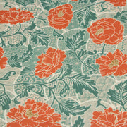Tissu cotonnade NAOSHIMA fleurs pivoine oranges et motifs japonais vert amande - OEKO - TEX - TissusPapi.com