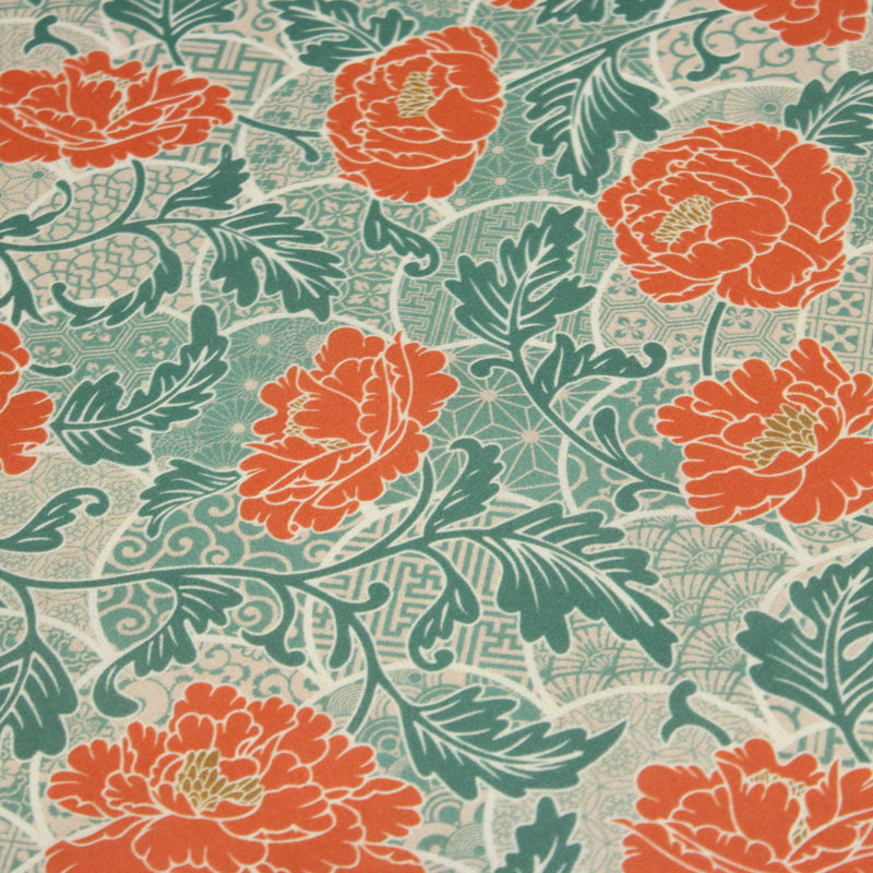 Tissu cotonnade NAOSHIMA fleurs pivoine oranges et motifs japonais vert amande - OEKO - TEX - TissusPapi.com