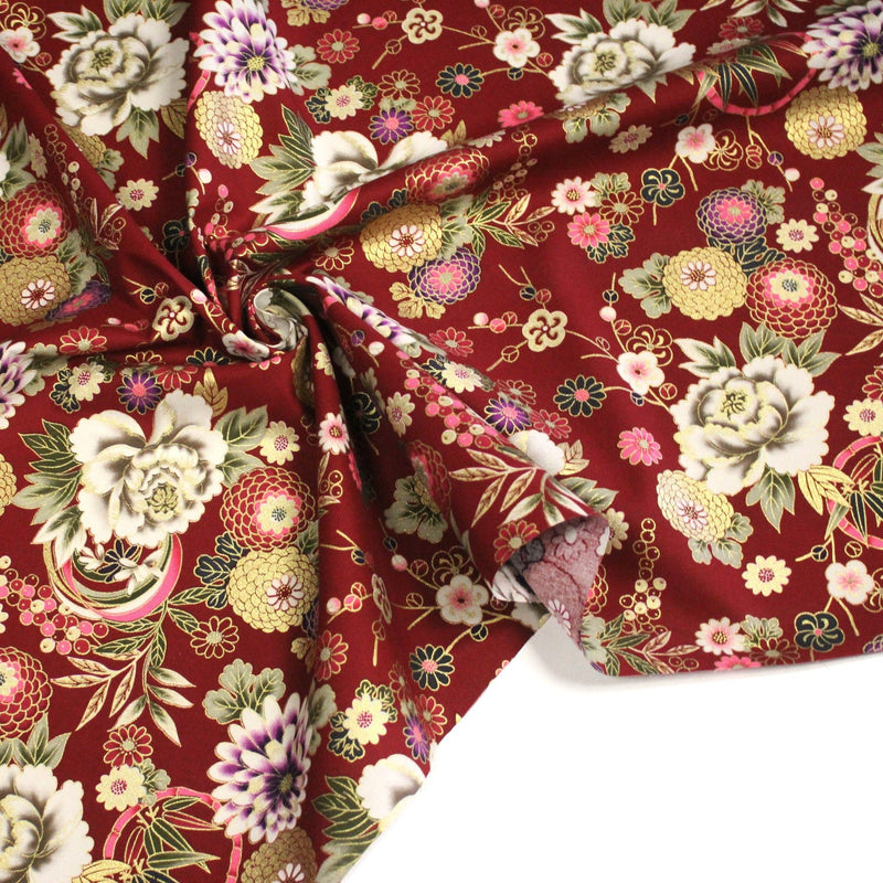Tissu coton motif japonais aux fleurs dorées, fond bleu ou rouge - COLLECTION JAPON DORÉ - TissusPapi.com