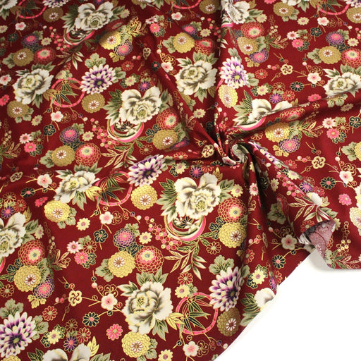 Tissu coton motif japonais aux fleurs dorées, fond bleu ou rouge - COLLECTION JAPON DORÉ - TissusPapi.com