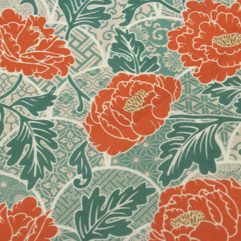 Tissu cotonnade NAOSHIMA fleurs pivoine oranges et motifs japonais vert amande - OEKO - TEX - TissusPapi.com