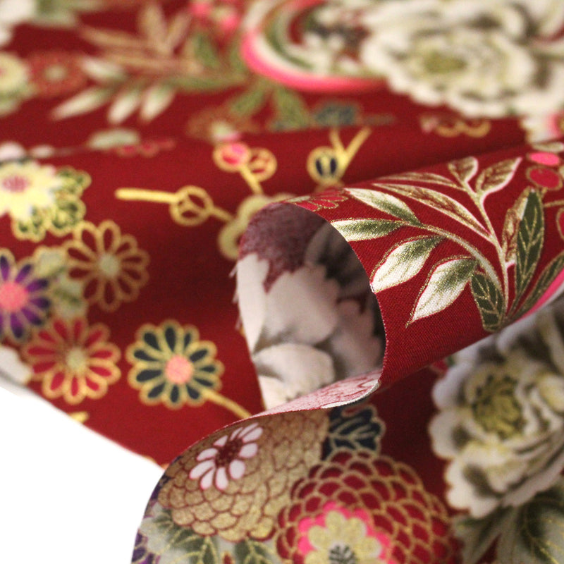 Tissu coton motif japonais aux fleurs dorées, fond bleu ou rouge - COLLECTION JAPON DORÉ - TissusPapi.com