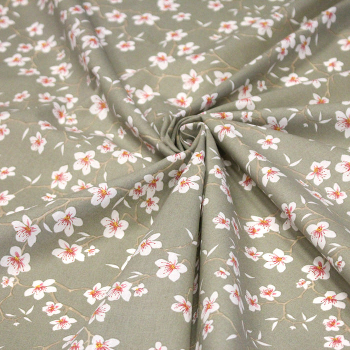 Tissu coton taupe aux fleurs d'amandier - OEKO-TEX