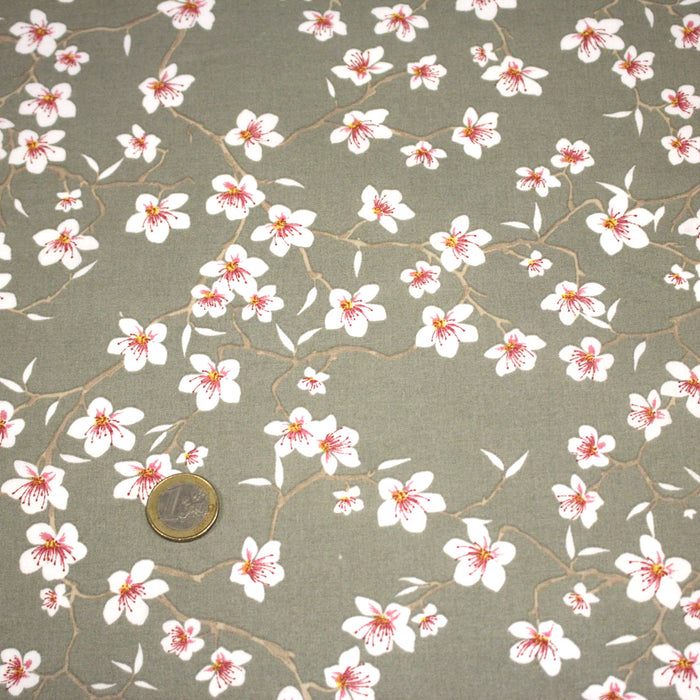 Tissu coton taupe aux fleurs d'amandier - OEKO-TEX