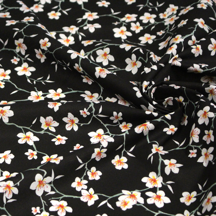 Tissu coton noir aux fleurs d'amandier - OEKO-TEX