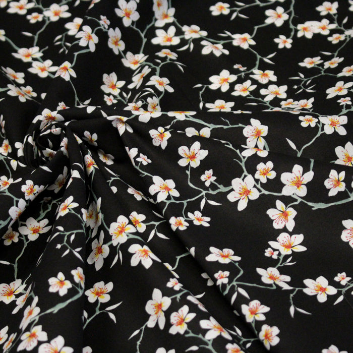 Tissu coton noir aux fleurs d'amandier - OEKO-TEX