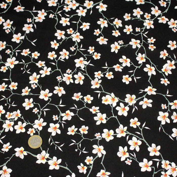 Tissu coton noir aux fleurs d'amandier - OEKO-TEX