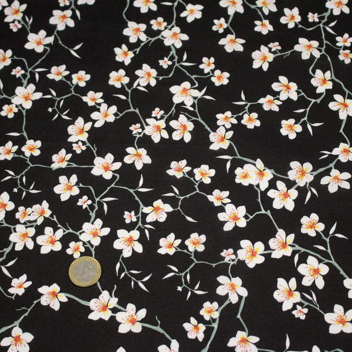 Tissu coton noir aux fleurs d'amandier - OEKO-TEX