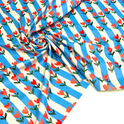 Tissu habillement imperméable, Rayures bleues & tulipes roses rouges - STANDARD 100 by OEKO-TEX - TissusPapi.com