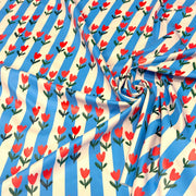 Tissu habillement imperméable, Rayures bleues & tulipes roses rouges - STANDARD 100 by OEKO-TEX - TissusPapi.com