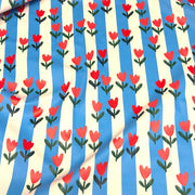 Tissu habillement imperméable, Rayures bleues & tulipes roses rouges - STANDARD 100 by OEKO-TEX - TissusPapi.com