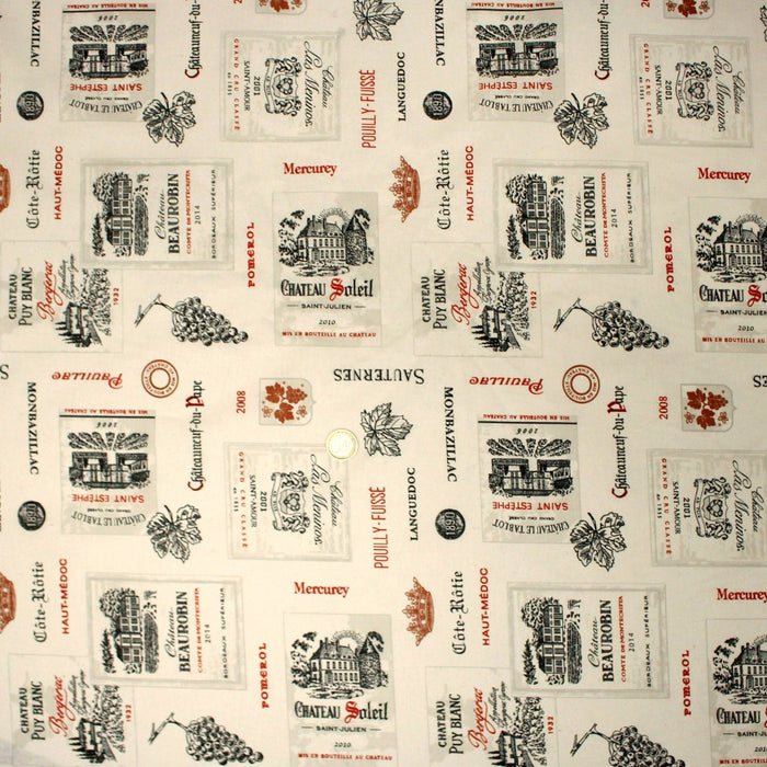 : Tissu cotonnade VINS & CEPAGES aux étiquettes et noms de vins et terroirs, écru - TissusPapi.com