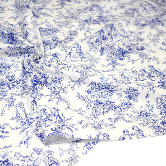 Tissu toile de Jouy 100% coton LES BAMBINS, grande largeur 280cm, fond écru & motif bleu