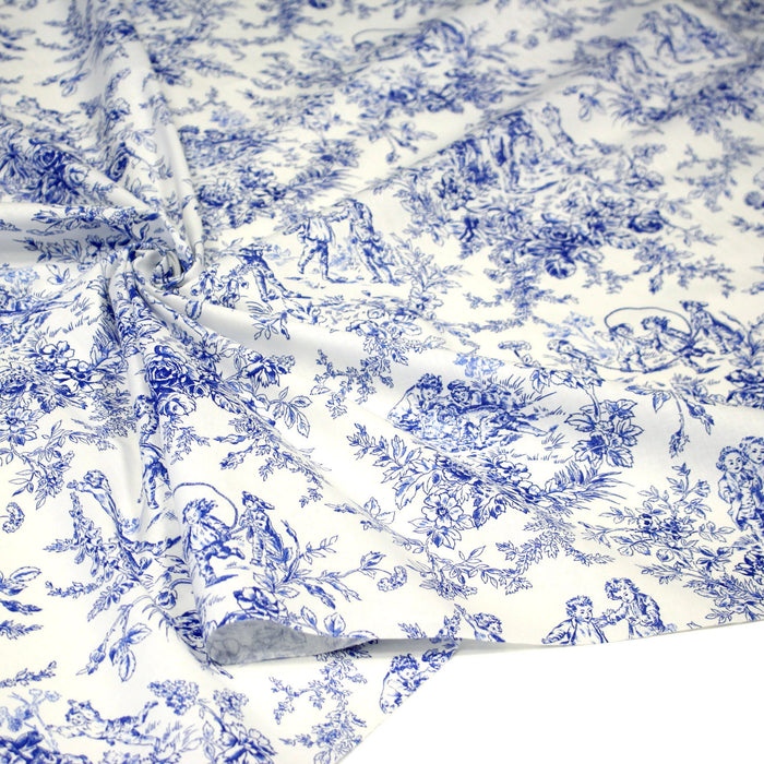 Tissu toile de Jouy 100% coton LES BAMBINS, grande largeur 280cm, fond écru & motif bleu