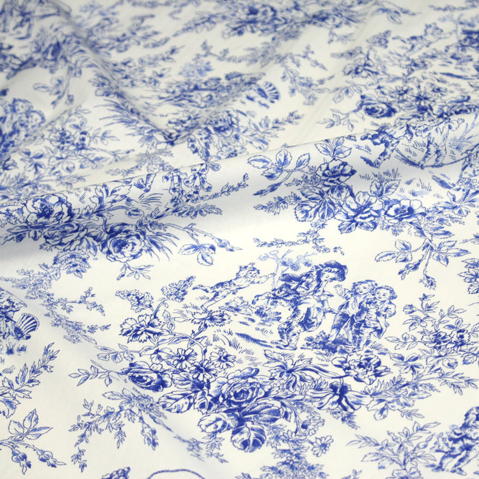 Tissu toile de Jouy 100% coton LES BAMBINS, grande largeur 280cm, fond écru & motif bleu