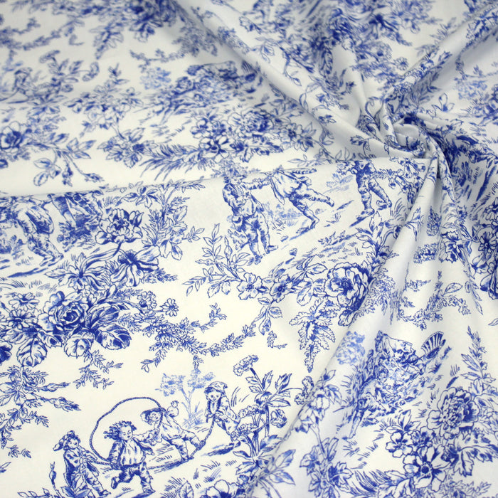 Tissu toile de Jouy 100% coton LES BAMBINS, grande largeur 280cm, fond écru & motif bleu