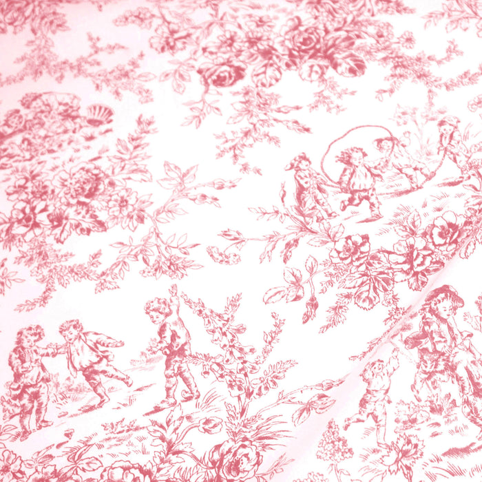 Tissu toile de Jouy 100% coton LES BAMBINS, grande largeur 280cm, fond écru & motif rose