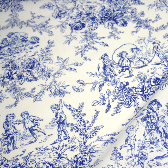 Tissu toile de Jouy 100% coton LES BAMBINS, grande largeur 280cm, fond écru & motif bleu