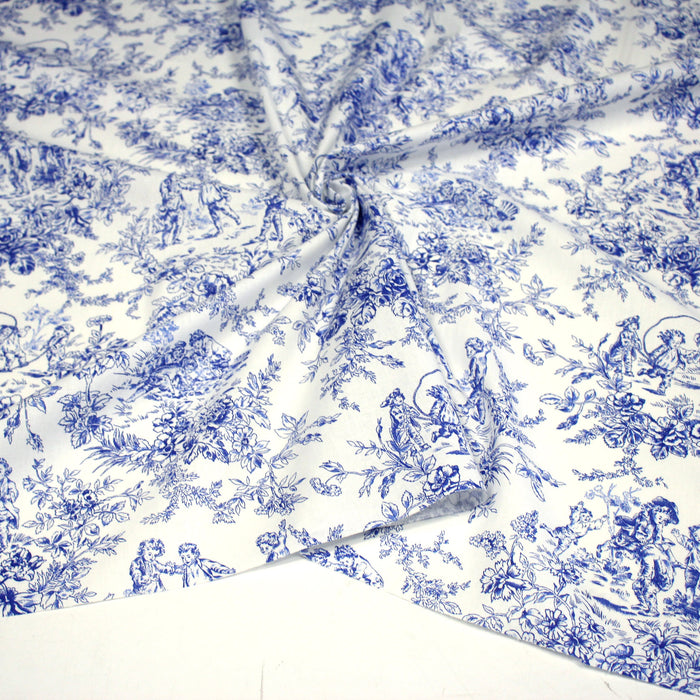 Tissu toile de Jouy 100% coton LES BAMBINS, grande largeur 280cm, fond écru & motif bleu