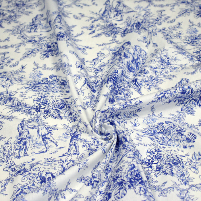 Tissu toile de Jouy 100% coton LES BAMBINS, grande largeur 280cm, fond écru & motif bleu