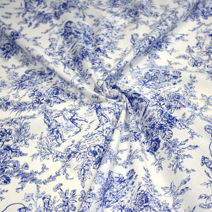 Tissu toile de Jouy 100% coton LES BAMBINS, grande largeur 280cm, fond écru & motif bleu