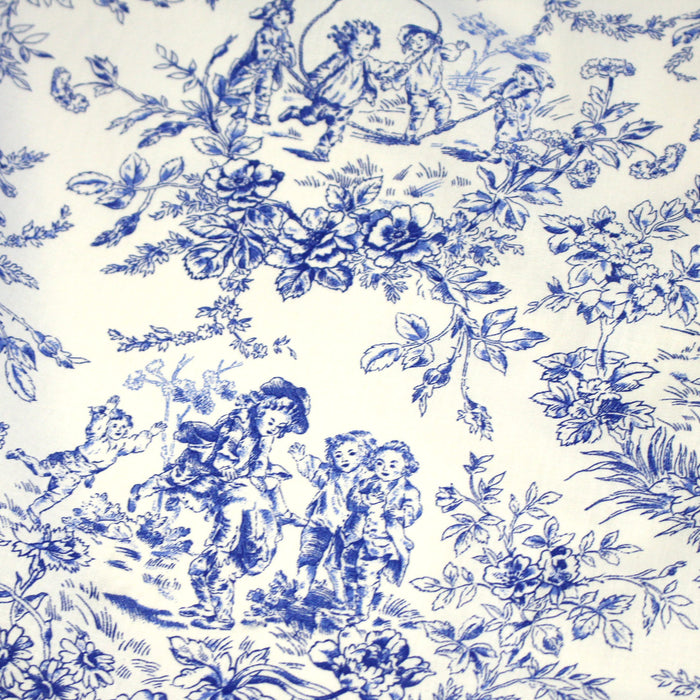 Tissu toile de Jouy 100% coton LES BAMBINS, grande largeur 280cm, fond écru & motif bleu