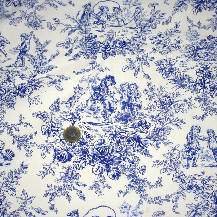 Tissu toile de Jouy 100% coton LES BAMBINS, grande largeur 280cm, fond écru & motif bleu