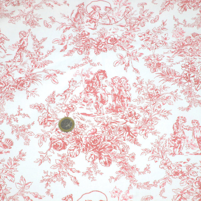 Tissu toile de Jouy 100% coton LES BAMBINS, grande largeur 280cm, fond écru & motif rose