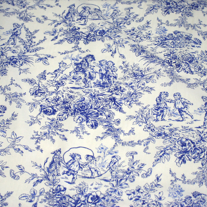 Tissu toile de Jouy 100% coton LES BAMBINS, grande largeur 280cm, fond écru & motif bleu