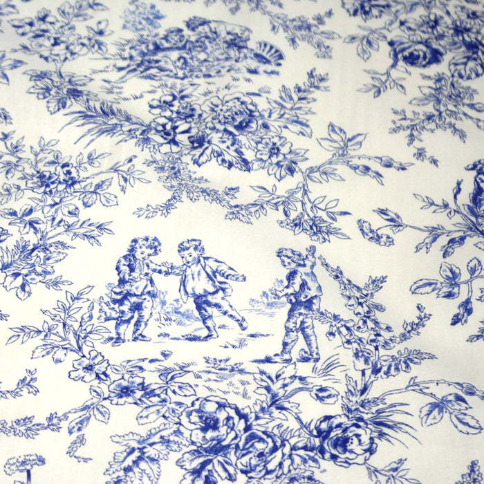 Tissu toile de Jouy 100% coton LES BAMBINS, grande largeur 280cm, fond écru & motif bleu