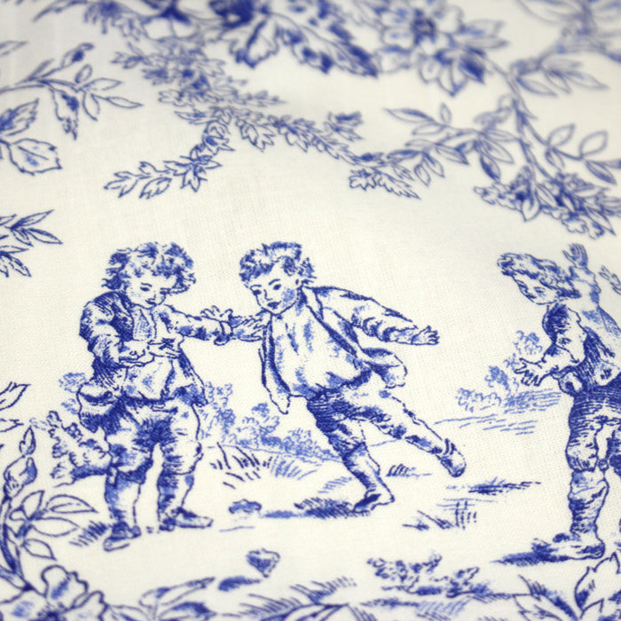 Tissu toile de Jouy 100% coton LES BAMBINS, grande largeur 280cm, fond écru & motif bleu