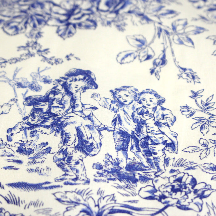 Tissu toile de Jouy 100% coton LES BAMBINS, grande largeur 280cm, fond écru & motif bleu