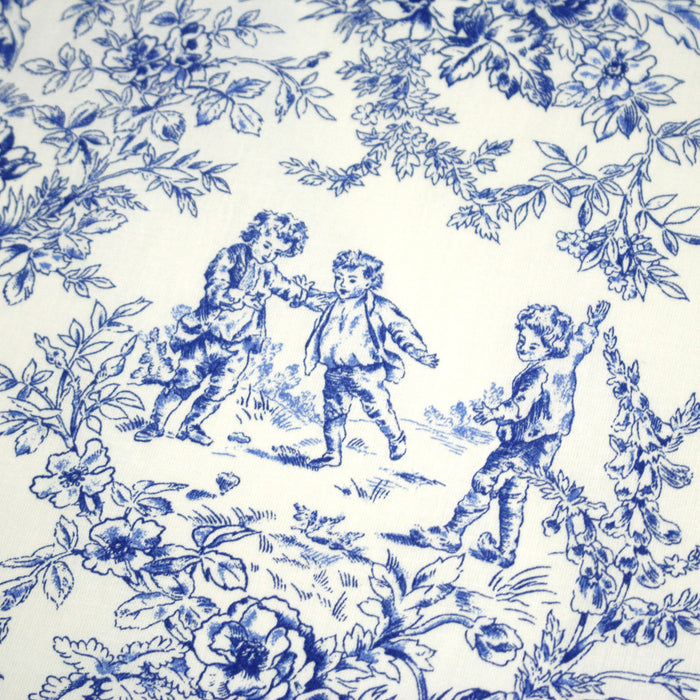 Tissu toile de Jouy 100% coton LES BAMBINS, grande largeur 280cm, fond écru & motif bleu