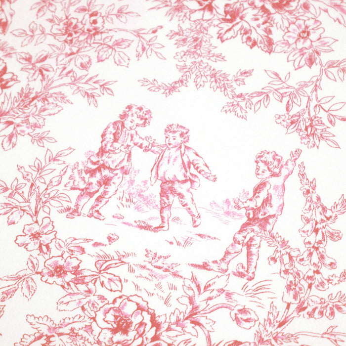 Tissu toile de Jouy 100% coton LES BAMBINS, grande largeur 280cm, fond écru & motif rose