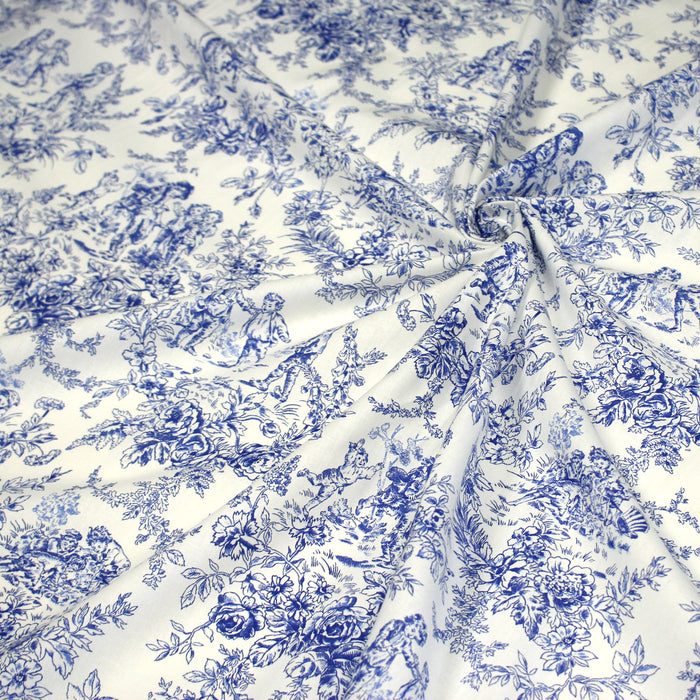 Tissu toile de Jouy 100% coton LES BAMBINS, grande largeur 280cm, fond écru & motif bleu