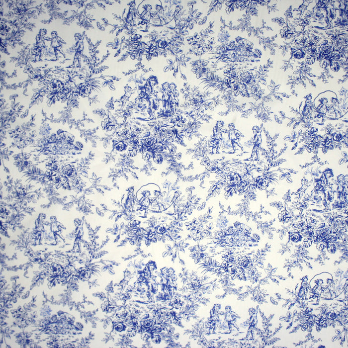 Tissu toile de Jouy 100% coton LES BAMBINS, grande largeur 280cm, fond écru & motif bleu