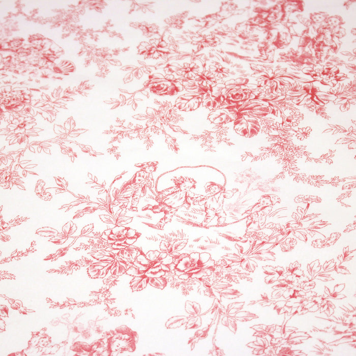 Tissu toile de Jouy 100% coton LES BAMBINS, grande largeur 280cm, fond écru & motif rose