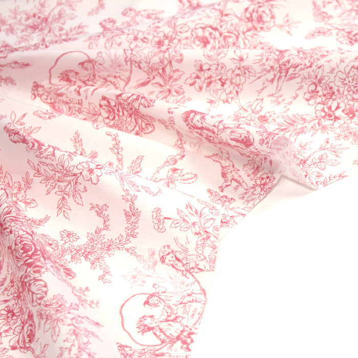 Tissu toile de Jouy 100% coton LES BAMBINS, grande largeur 280cm, fond écru & motif rose