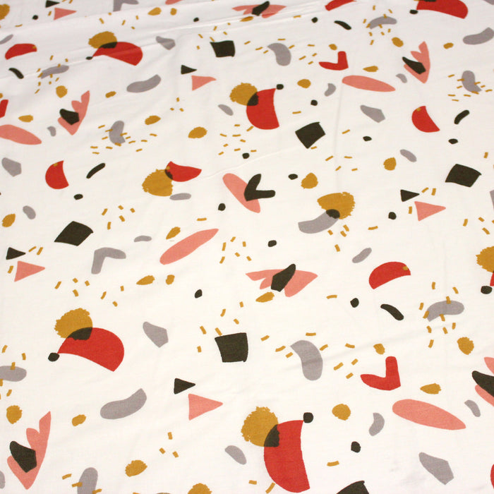Tissu de coton ARTY aux formes abstraites jaunes, rouges & corail, fond blanc - OEKO-TEX®