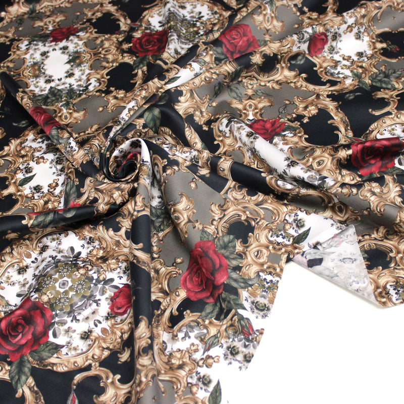 Tissu popeline de coton au motif baroque noir, roses rouges et arabesques dorées