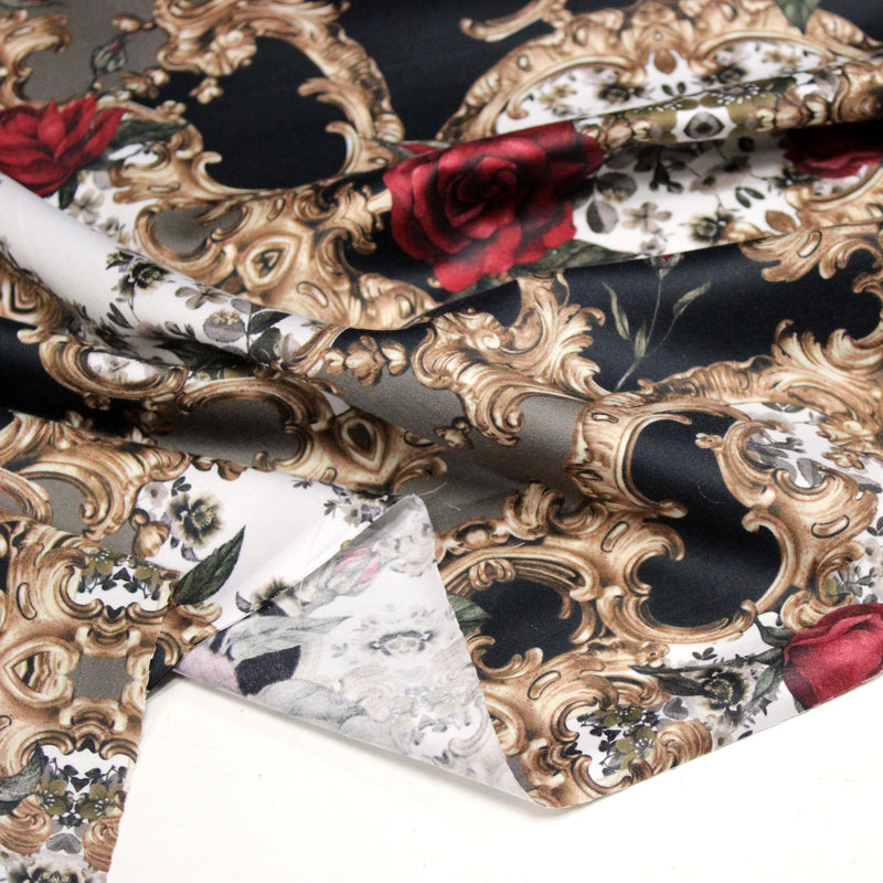 Tissu popeline de coton au motif baroque noir, roses rouges et arabesques dorées