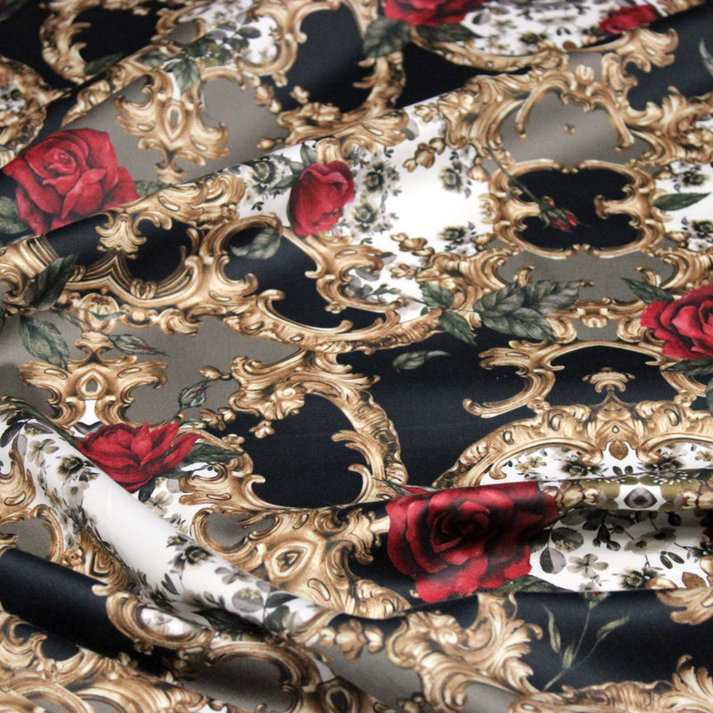 Tissu popeline de coton au motif baroque noir, roses rouges et arabesques dorées