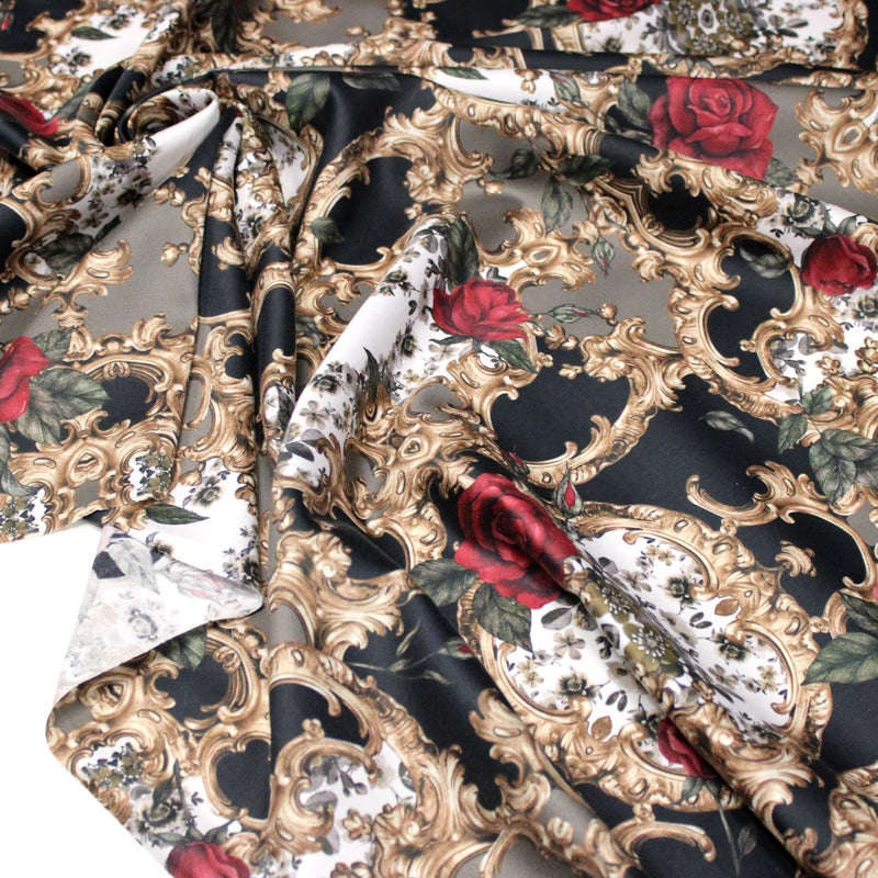 Tissu popeline de coton au motif baroque noir, roses rouges et arabesques dorées