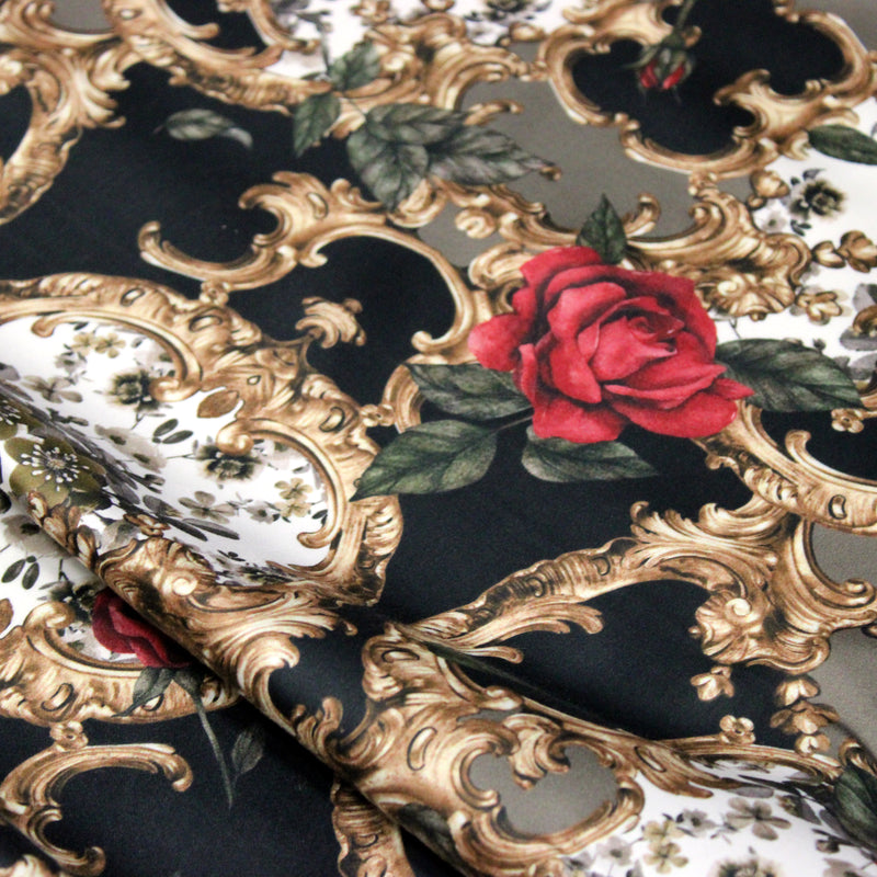 Tissu popeline de coton au motif baroque noir, roses rouges et arabesques dorées