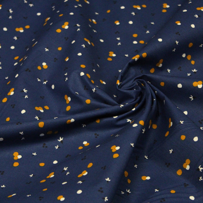 Tissu de coton bleu roi aux tâches jaune moutarde et blanches - OEKO-TEX