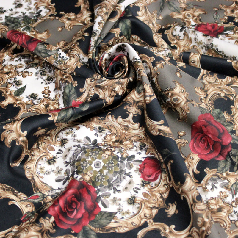 Tissu popeline de coton au motif baroque noir, roses rouges et arabesques dorées